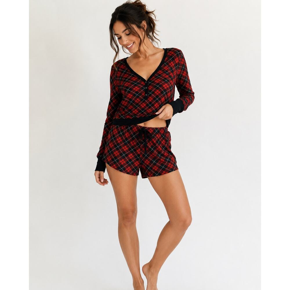 Victoria's Secret Red Plaid Thermal Pajama Short Set  M Cabincore Cottagecore